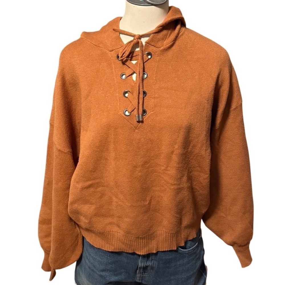Philosophy Lace Up Hoodie Sweater Hazelnut Balloon Sleeve Knit Pullover L